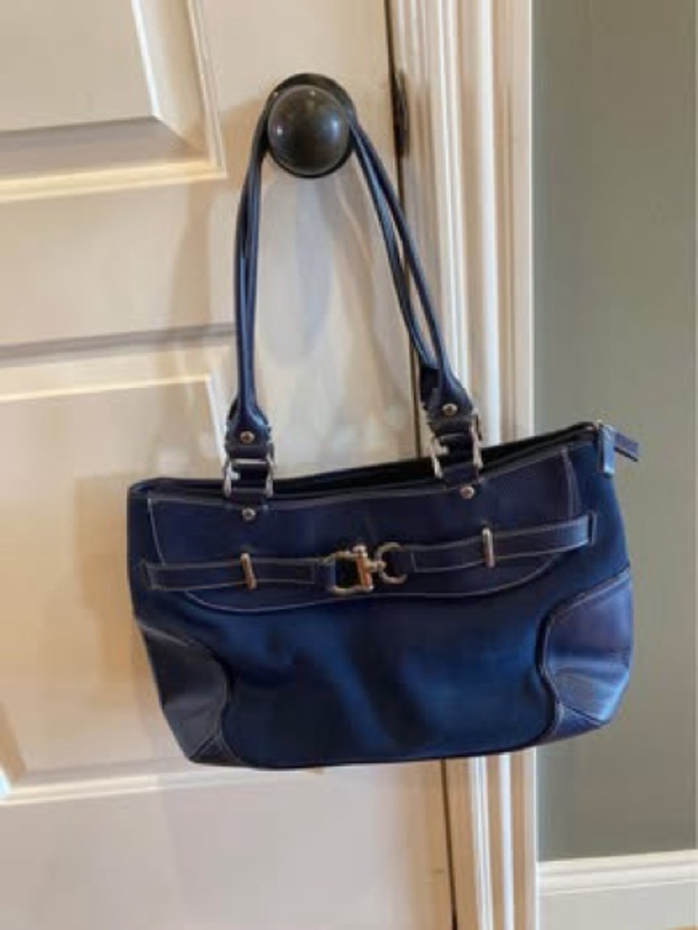 Classic Navy Leather & Suede Women's Shoulder Bag - Elegant Everyday Tote